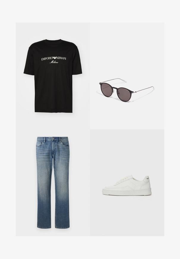 Black cotton T-shirt featuring a round neckline, short sleeves, and "EMPORIO ARMANI" logo in white above "Milano" in a curved design.; TOM TAILOR MARVIN - Straight leg jeans - clean mid stone blue denim; White leather sneaker with a smooth finish, round toe, flat laces, and a textured sole. Features a subtle logo on the heel.; Black round sunglasses with dark lenses and slim metal arms. Includes clear temple tips and silver accents at the hinge. Minimalist design.