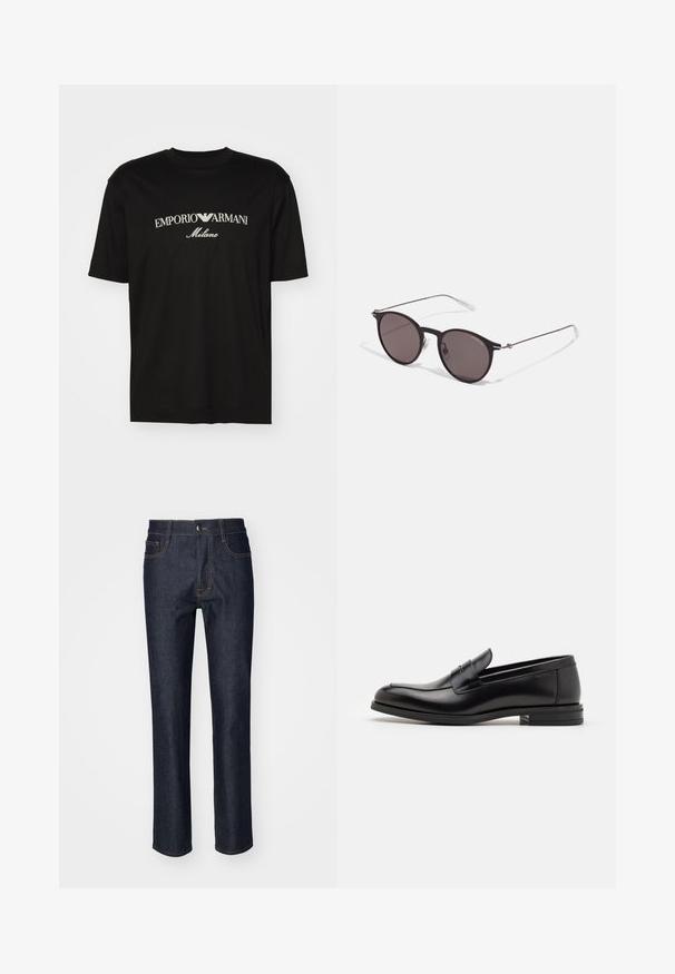 Čierne bavlnené tričko s okrúhlym výstrihom, krátkymi rukávmi a bielym logom "EMPORIO ARMANI" nad textom "Milano" v zakrivenej línii.; Filippa K SLIM STRAIGHT JEANS - Slimfit džínsy - raw blue; Čierne kožené mokasíny s hladkou textúrou, zaoblenou špičkou a dekoračným pásikom cez priehlavok. Nízky vrstvený opätok, minimalistický dizajn.; Čierne okrúhle slnečné okuliare s tmavými sklami a tenkými kovovými ramenami. Obsahujú priehľadné konce rámov a strieborné akcenty na pántoch. Minimalistický dizajn.