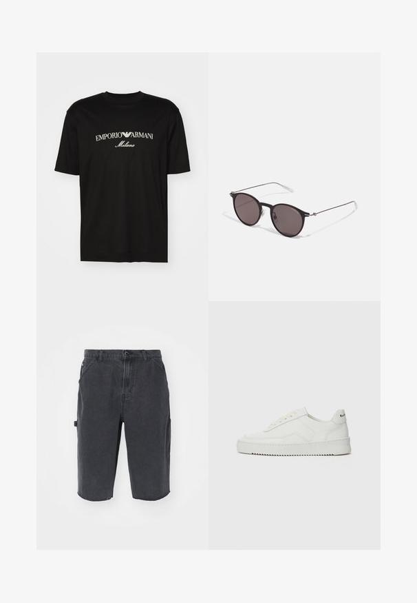 Czarny bawełniany T-shirt z okrągłym dekoltem, krótkimi rękawami oraz białym logo "EMPORIO ARMANI" nad napisem "Milano" w zakrzywionym kształcie.; Ciemnoniebieskie szorty cargo o prostym kroju, z bocznymi kieszeniami, widocznymi szwami i surowym wykończeniem. Wykonane z trwałego, lekkiego materiału.; Białe skórzane sneakersy o gładkim wykończeniu, okrągłym nosku, płaskich sznurówkach i teksturowanej podeszwie. Charakteryzują się delikatnym logo na pięcie.; Czarne okrągłe okulary przeciwsłoneczne z ciemnymi soczewkami i smukłymi metalowymi ramkami. Zawierają przezroczyste końcówki zauszników oraz srebrne akcenty przy zawiasie. Minimalistyczny design.