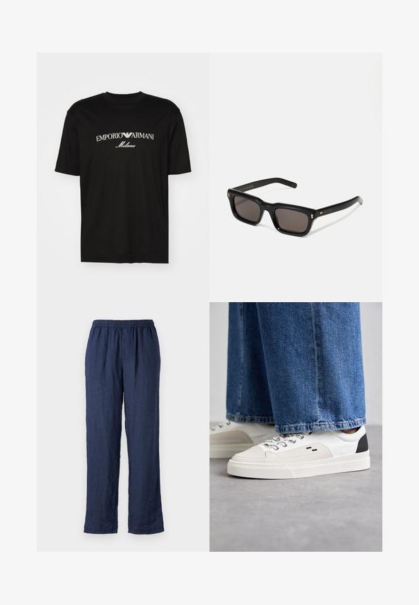 Sort bomulds T-shirt med rund halsudskæring, korte ærmer og "EMPORIO ARMANI" logo i hvid over "Milano" i et buet design.; ASPESI PANTALONE - Bukser - blu/blue; Hvide og sorte sneakers med en glat læderoverdel, teksturerede detaljer og en kraftig hvid sål. Har et klassisk snørebåndsdesign.; Sorte rektangulære solbriller med mørke glas, tyk plastisk ramme, guldtryk på stængerne og brandlogo indgraveret på armen.