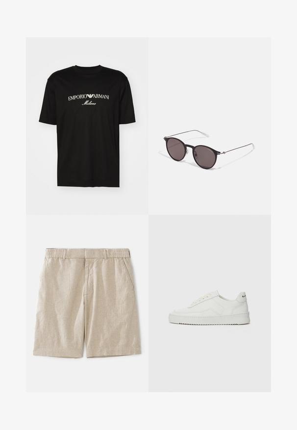 Černé bavlněné tričko s kulatým výstřihem, krátkými rukávy a logem "EMPORIO ARMANI" v bílém nad nápisem "Milano" v zakřiveném provedení.; Béžové lněné šortky s uvolněným střihem, s elastickým pasem a postranními kapsami. Hladká textura s jemným tkaným vzorem.; Bílé kožené tenisky s hladkým povrchem, kulatou špičkou, plochými tkaničkami a texturovanou podrážkou. Na patě se nachází nenápadné logo.; Černé kulaté sluneční brýle s tmavými skly a tenkými kovovými nohami. Obsahují průhledné koncovky nožiček a stříbrné akcenty na pantu. Minimalistický design.