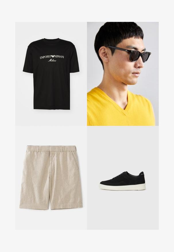 Camiseta de algodón negra con cuello redondo, mangas cortas y el logo de "EMPORIO ARMANI" en blanco sobre "Milano" en un diseño curvado.; Pantalones cortos de lino beige con un ajuste relajado, que cuentan con una cinturilla elástica y bolsillos laterales. Textura suave con un sutil patrón entretejido.; Zapatilla de ante negra con diseño de cordones y suela de goma blanca contrastante. Presenta paneles laterales texturizados y un sutil logo en el talón.; Gafas de sol con montura negra y lentes oscuros. Los detalles destacados incluyen pequeños acentos dorados en las bisagras y una forma rectangular.