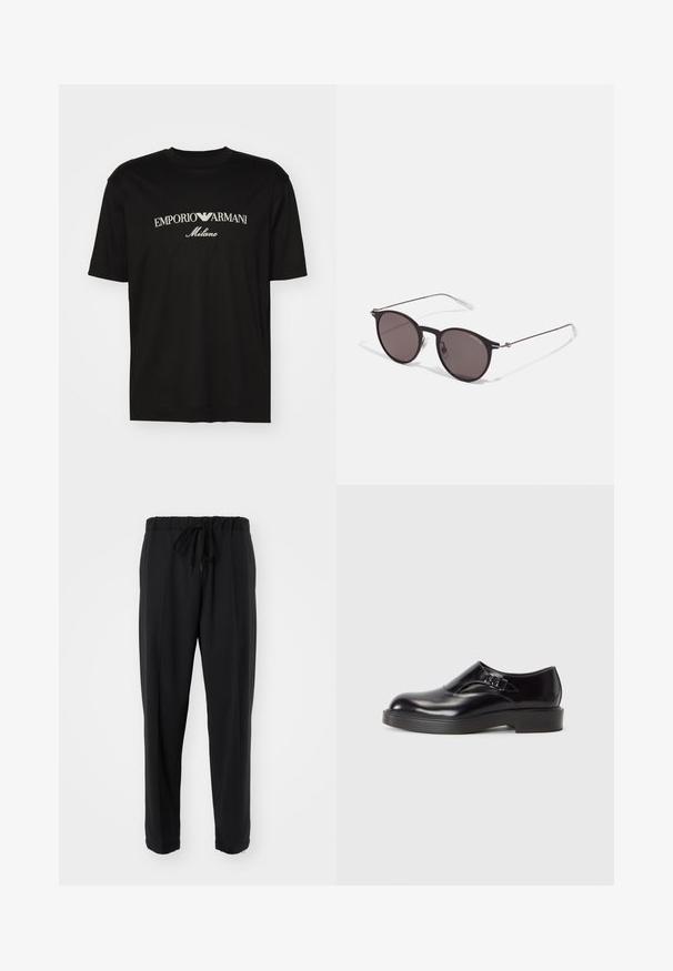 Črna bombažna majica s krožnim izrezom, kratkimi rokavi in logotipom "EMPORIO ARMANI" v beli barvi nad napisom "Milano" v ukrivljenem oblikovanju.; Črne hlače ravnega kroja z vrvico v pasu, ki imajo gladko teksturo in brez vidnih okrasnih elementov ali žepov.; Črne usnjene čevlje z zaobljenim nosom, nizko črno peto in dekorativnim trakom. Gladka tekstura s sijočo površino.; Črne okrogla sončna očala s temnimi lečami in tankimi kovinskimi ročaji. Vključujejo prosojne konec ročajev in srebrne poudarke na tečaju. Minimalističen dizajn.