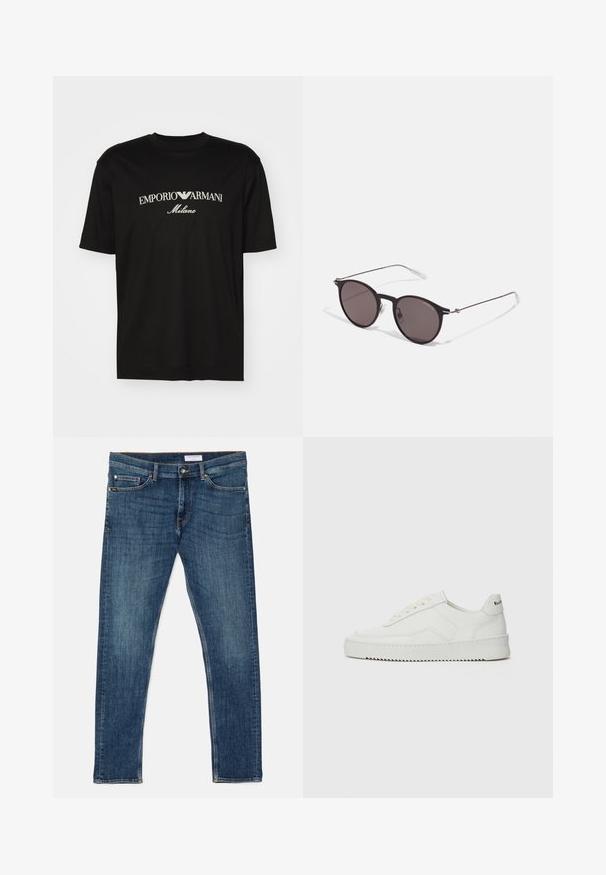 T-shirt de algodão preta com gola redonda, mangas curtas e o logo "EMPORIO ARMANI" em branco acima de "Milano" num design curvo.; Calças de ganga de denim azul escuro com um ajuste slim, design clássico de cinco bolsos, costuras visíveis e uma cintura justa. Sem adornos ou padrões.; Sapatilha de couro branco com acabamento suave, bico redondo, atacadores planos e uma sola texturizada. Apresenta um logotipo discreto no calcanhar.; Óculos de sol redondos pretos com lentes escuras e hastes metálicas finas. Inclui pontas de templo transparentes e detalhes em prata na dobradiça. Design minimalista.