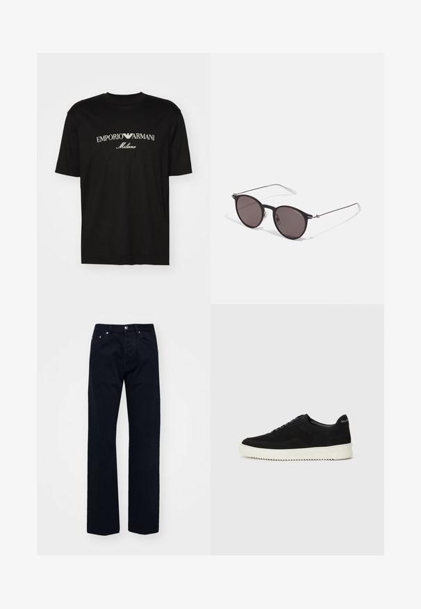 Crna pamučna majica s okruglim izrezom, kratkim rukavima i bijelim logotipom "EMPORIO ARMANI" iznad riječi "Milano" u zakrivljenom dizajnu.; Crne traperice s ravnim nogavicama, s dugmetom i zatvaračem, pet džepova i toniranim šavovima.; Crne nubuk tenisice s vezanjem i kontrastnom bijelom gumenom potplatom. Imaju teksturirane bočne panele i suptilno brendiranje na peti.; Crne okrugle sunčane naočale s tamnim staklima i tankim metalnim ručkama. Uključuju prozirne vrhove ručki i srebrne naglaske na šarkama. Minimalistički dizajn.