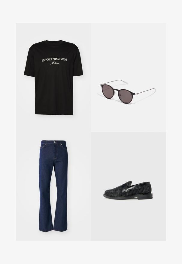 T-shirt de algodão preta com gola redonda, mangas curtas e o logo "EMPORIO ARMANI" em branco acima de "Milano" num design curvo.; Jeans flare azul escuro feitos de denim. Apresentam cinco bolsos, um fecho de correr frontal e um botão de metal. Costura clássica em destaque.; Sandalha preta entrelaçada com um accento de couro liso na parte superior, design de biqueira redonda e sola de borracha de perfil baixo.; Óculos de sol redondos pretos com lentes escuras e hastes metálicas finas. Inclui pontas de templo transparentes e detalhes em prata na dobradiça. Design minimalista.