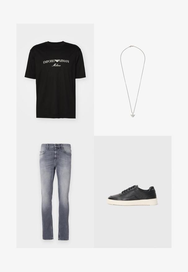 Camiseta de algodón negra con cuello redondo, mangas cortas y el logo de "EMPORIO ARMANI" en blanco sobre "Milano" en un diseño curvado.; Jeans de mezclilla gris con un lavado deslavado, diseño de pierna recta, cinco bolsillos, trabillas para cinturón y cierre de botón metálico en la cintura.; Zapatillas de cuero negro con acabado texturizado, puntera redonda y suela de goma blanca plana. Presenta cordones negros y una marca en el talón.; Emporio Armani EMPORIO ARMANI MEN'S STAINLESS STEEL PENDANT NECKLACE, EGS3169040 - Collar - silver-coloured