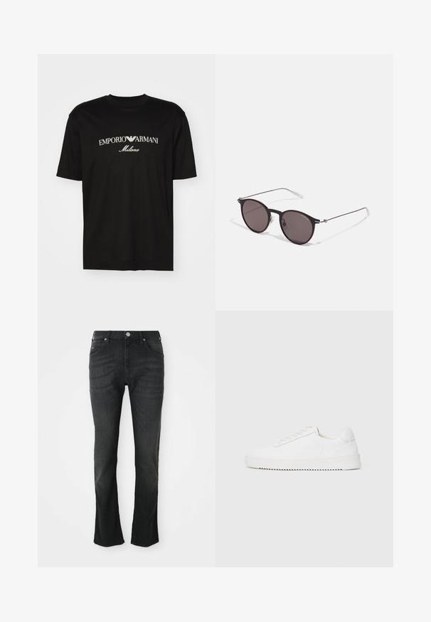 Camiseta de algodón negra con cuello redondo, mangas cortas y el logo de "EMPORIO ARMANI" en blanco sobre "Milano" en un diseño curvado.; Jeans de denim negro con un diseño de pierna recta, que cuentan con un cierre de botón en la parte frontal, cinco bolsillos y un ligero efecto de desgaste en los muslos.; Zapatilla blanca con parte superior de cuero suave, puntera redondeada, cordones, acentos laterales texturizados y suela de goma gruesa. Diseño minimalista.; Gafas de sol redondas negras con lentes oscuros y brazos metálicos delgados. Incluye puntas de varilla transparentes y acentos plateados en la bisagra. Diseño minimalista.
