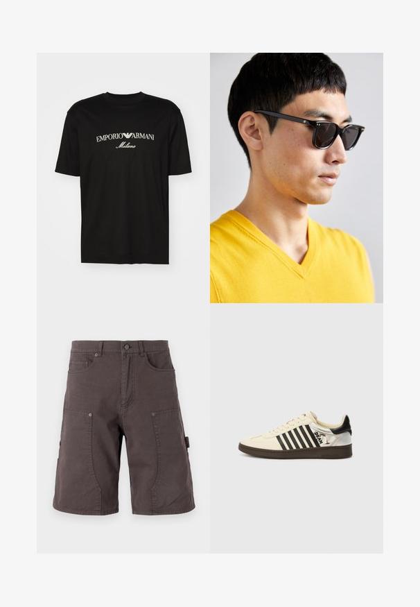 Zwarte katoenen T-shirt met een ronde halslijn, korte mouwen en het "EMPORIO ARMANI" logo in het wit boven "Milano" in een gebogen ontwerp.; Donkergrijze cargoshorts van katoen met voorkanten zakken, zijcargo pockets, knoopsluiting en stikdetails op de benen.; Crème leren sneaker met zwarte strepen, bruine zool en metallic zilveren hiel. Heeft een logo op de zijkant en een klassieke vetersluiting.; Zonnebril met zwarte montuur en donkere lenzen. Opvallende details zijn kleine gouden accenten op de scharnieren en een rechthoekige vorm.