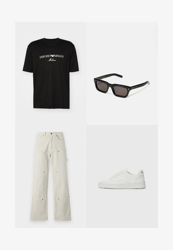 Zwarte katoenen T-shirt met een ronde halslijn, korte mouwen en het "EMPORIO ARMANI" logo in het wit boven "Milano" in een gebogen ontwerp.; Brede, lichtbeige broeken gemaakt van katoen met een gladde textuur, voorzien van opgestikte zakken en metalen accenten.; Witte leren sneaker met een gladde afwerking, ronde neus, platte veters en een gestructureerde zool. Kenmerkt zich door een subtiel logo op de hiel.; Zwarte rechthoekige zonnebril met donkere lenzen, een dik plastic montuur, gouden accenten op de veren en het merkembleem gegraveerd op de arm.