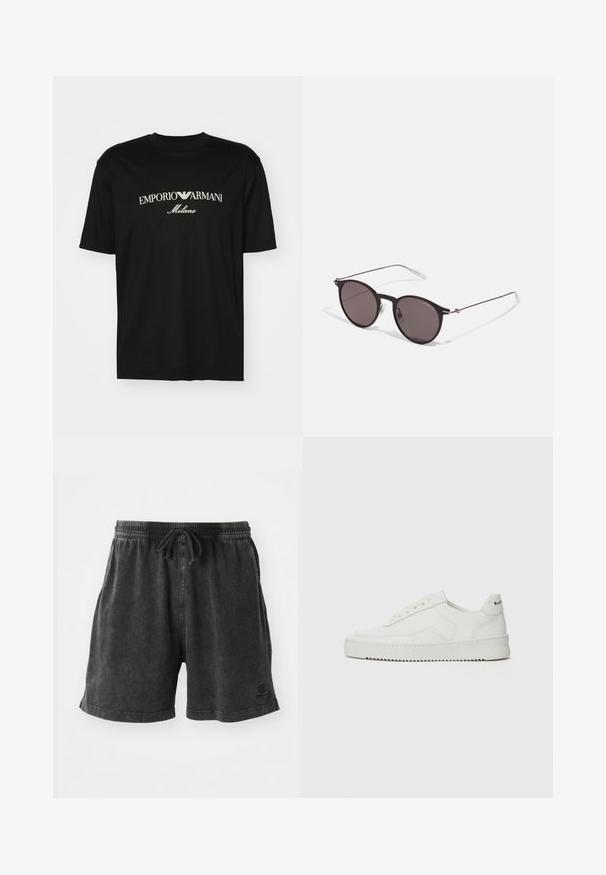 Svart bomull T-shirt med rund halsringning, korta ärmar och "EMPORIO ARMANI" logotyp i vitt ovanför "Milano" i en rundad design.; Kolgrå shorts i bomullsblandning, med elastisk midja och snörning, samt en liten logotyp på undersidan.; Vita lädersneakers med en jämn yta, rund tå, platta snörningar och en strukturerad sula. Har en diskret logotyp på hälen.; Svarta runda solglasögon med mörka linser och smala metallarmar. Inkluderar klara tempeltips och silverdetaljer vid gångjärnet. Minimalistisk design.