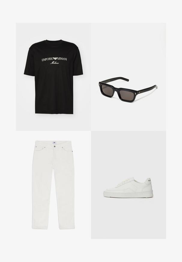 Sort bomulds T-shirt med rund halsudskæring, korte ærmer og "EMPORIO ARMANI" logo i hvid over "Milano" i et buet design.; Hvide denimjeans med lige pasform, fem lomme-design og sølvfarvede metaldele. Materialet har en glat tekstur og en ukompliceret stil.; Hvide lædersneakers med en glat overflade, rund tå, flade snørebånd og en tekstureret sål. Har et diskret logo på hælen.; Sorte rektangulære solbriller med mørke glas, tyk plastisk ramme, guldtryk på stængerne og brandlogo indgraveret på armen.