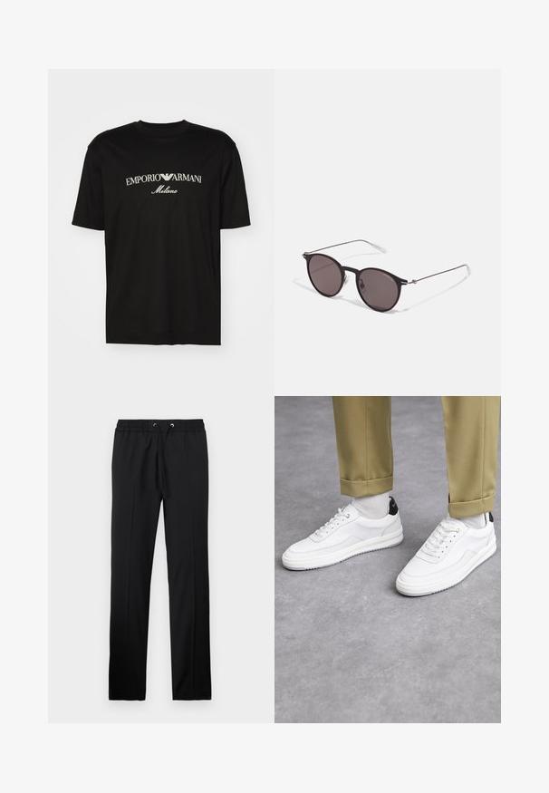 Černé bavlněné tričko s kulatým výstřihem, krátkými rukávy a logem "EMPORIO ARMANI" v bílém nad nápisem "Milano" v zakřiveném provedení.; Iceberg PANTALONI - Kalhoty - nero; Bílé tenisky s texturovaným koženým povrchem, zaoblenou špičkou a černým akcentem na patě. Gumová podrážka s malým vzorem a šitými detaily.; Černé kulaté sluneční brýle s tmavými skly a tenkými kovovými nohami. Obsahují průhledné koncovky nožiček a stříbrné akcenty na pantu. Minimalistický design.