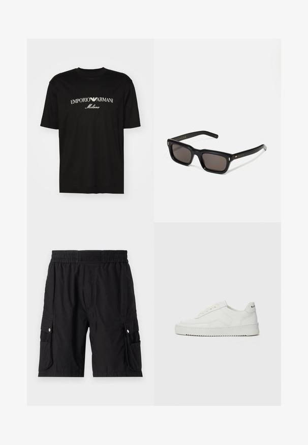 Zwarte katoenen T-shirt met een ronde halslijn, korte mouwen en het "EMPORIO ARMANI" logo in het wit boven "Milano" in een gebogen ontwerp.; Zwarte cargoshorts van lichtgewicht stof, met een elastische tailleband, zijzakken en zilveren drukknoopaccenten.; Witte leren sneaker met een gladde afwerking, ronde neus, platte veters en een gestructureerde zool. Kenmerkt zich door een subtiel logo op de hiel.; Zwarte rechthoekige zonnebril met donkere lenzen, een dik plastic montuur, gouden accenten op de veren en het merkembleem gegraveerd op de arm.