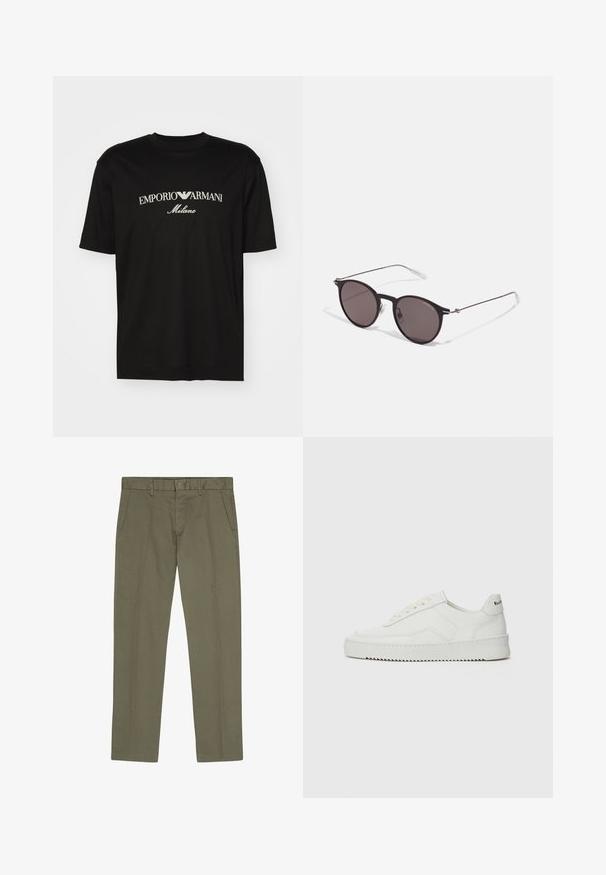 Schwarzes Baumwoll-T-Shirt mit Rundhalsausschnitt, kurzen Ärmeln und dem "EMPORIO ARMANI"-Logo in Weiß über dem geschwungenen Schriftzug "Milano".; NN.07 THEO - Chino - capers; Weiße Ledersneaker mit glatter Oberfläche, runder Zehenpartie, flachen Schnürsenkeln und strukturiertem Sohlenprofil. Mit einem dezenten Logo an der Ferse.; Schwarze runde Sonnenbrille mit dunklen Gläsern und schlanken Metallbügeln. Enthält klare Tempelspitzen und silberne Akzente am Scharnier. Minimalistisches Design.