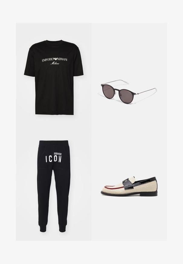 Schwarzes Baumwoll-T-Shirt mit Rundhalsausschnitt, kurzen Ärmeln und dem "EMPORIO ARMANI"-Logo in Weiß über dem geschwungenen Schriftzug "Milano".; Schwarze Jogginghosen mit weichem Material, schmal zulaufenden Beinen und Taschen. Auf der Rückseite prangt "DSQUARED2 ICON" in fetten weißen Buchstaben.; Beige Slipper mit geprägtem Muster, rotem Akzentstreifen und glänzendem schwarzen Absatz. Mit einem Riemen mit Schnallendetail. Flache schwarze Sohle.; Schwarze runde Sonnenbrille mit dunklen Gläsern und schlanken Metallbügeln. Enthält klare Tempelspitzen und silberne Akzente am Scharnier. Minimalistisches Design.