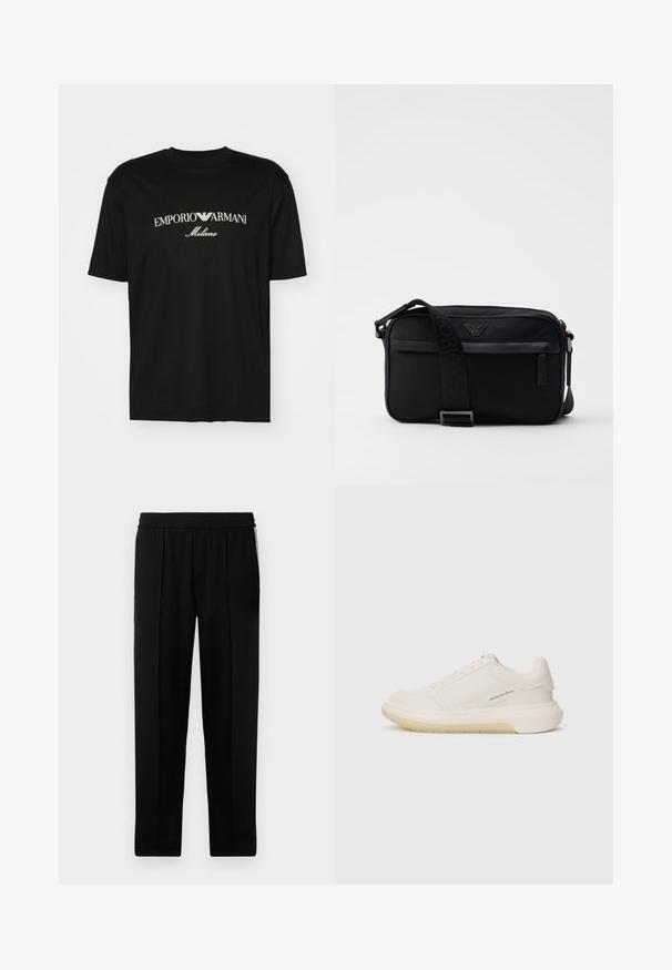 Crna pamučna majica s okruglim izrezom, kratkim rukavima i bijelim logotipom "EMPORIO ARMANI" iznad riječi "Milano" u zakrivljenom dizajnu.; Crne krojene hlače s glatkom teksturom, elastičnim pojasom i dva bočna džepa. Imaju elegantan, ravni kroj.; Bijele tenisice s glatkim kožnim gornjim dijelom, okruglim prstom i debelim gumenim potplatom. Imaju minimalne šavove i suptilan logo dekor na strani.; Crna najlonska torba za rame s kontrastnom trakom, elegantnog pravokutnog oblika, detaljem s logotipom i džepom sa zatvaračem na prednjoj strani.