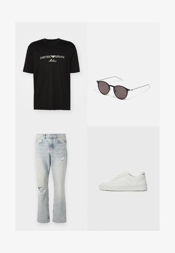 Black cotton T-shirt featuring a round neckline, short sleeves, and "EMPORIO ARMANI" logo in white above "Milano" in a curved design.; Light blue denim jeans with a high waist, straight legs, and distressed details on the right thigh and left knee.; White leather sneaker with a smooth finish, round toe, flat laces, and a textured sole. Features a subtle logo on the heel.; Black round sunglasses with dark lenses and slim metal arms. Includes clear temple tips and silver accents at the hinge. Minimalist design.