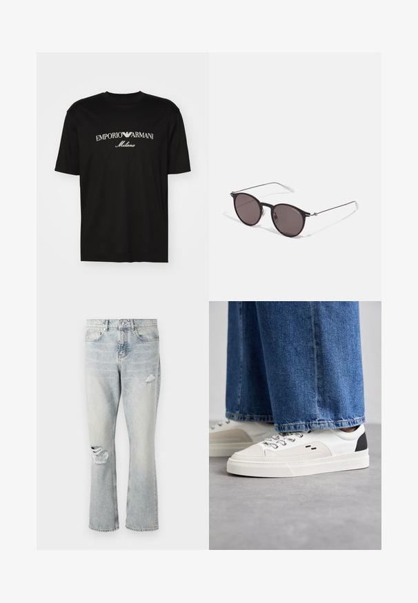 T-shirt de algodão preta com gola redonda, mangas curtas e o logo "EMPORIO ARMANI" em branco acima de "Milano" num design curvo.; Jeans de denim azul claro com uma cintura alta, pernas retas e detalhes desfiados na coxa direita e no joelho esquerdo.; Sapatilhas brancas e pretas com um upper de couro suave, detalhes texturizados e uma sola branca grossa. Apresenta um design clássico de atacadores.; Óculos de sol redondos pretos com lentes escuras e hastes metálicas finas. Inclui pontas de templo transparentes e detalhes em prata na dobradiça. Design minimalista.