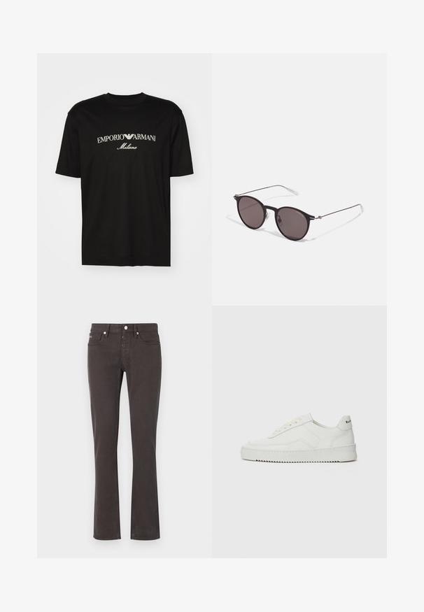 T-shirt de algodão preta com gola redonda, mangas curtas e o logo "EMPORIO ARMANI" em branco acima de "Milano" num design curvo.; Calças flare pretas feitas de um tecido misto de algodão. Possuem cinco bolsos, passadores para cinto e ferragens metálicas. Textura suave com ligeira elasticidade.; Sapatilha de couro branco com acabamento suave, bico redondo, atacadores planos e uma sola texturizada. Apresenta um logotipo discreto no calcanhar.; Óculos de sol redondos pretos com lentes escuras e hastes metálicas finas. Inclui pontas de templo transparentes e detalhes em prata na dobradiça. Design minimalista.