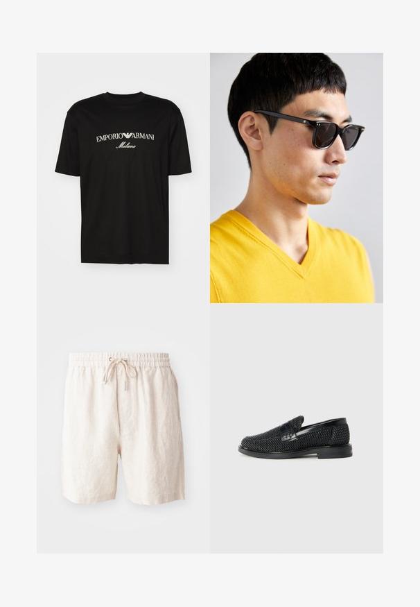 T-shirt in cotone nero con scollatura rotonda, maniche corte e logo "EMPORIO ARMANI" in bianco sopra "Milano" in una disposizione curva.; Pantaloni corti in lino beige con vita elasticizzata, cordoncino regolabile e tasche laterali. Morbido al tatto con una vestibilità comoda.; Scarpa nera a mocassino intrecciata con un accentuato in pelle liscia sulla parte superiore, design a punta rotonda e suola in gomma a profilo basso.; Occhiali da sole con montatura nera e lenti scure. Dettagli notevoli includono piccoli accenti dorati sulle cerniere e una forma rettangolare.
