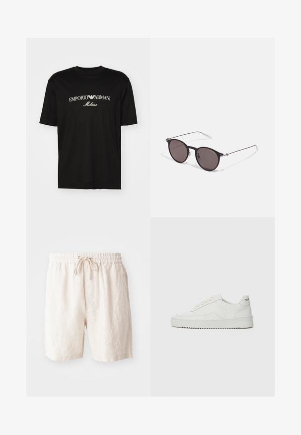 Schwarzes Baumwoll-T-Shirt mit Rundhalsausschnitt, kurzen Ärmeln und dem "EMPORIO ARMANI"-Logo in Weiß über dem geschwungenen Schriftzug "Milano".; Beige Leinen Shorts mit einem elastischen Bund, verstellbarem Kordelzug und seitlichen Taschen. Weicher Stoff mit lockerer Passform.; Weiße Ledersneaker mit glatter Oberfläche, runder Zehenpartie, flachen Schnürsenkeln und strukturiertem Sohlenprofil. Mit einem dezenten Logo an der Ferse.; Schwarze runde Sonnenbrille mit dunklen Gläsern und schlanken Metallbügeln. Enthält klare Tempelspitzen und silberne Akzente am Scharnier. Minimalistisches Design.