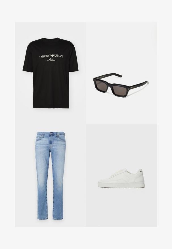 Czarny bawełniany T-shirt z okrągłym dekoltem, krótkimi rękawami oraz białym logo "EMPORIO ARMANI" nad napisem "Milano" w zakrzywionym kształcie.; Jasnoniebieskie dżinsy z prostymi nogawkami, z zapięciem na guzik, pięcioma kieszeniami i delikatnym wypłowieniem materiału.; Białe skórzane sneakersy o gładkim wykończeniu, okrągłym nosku, płaskich sznurówkach i teksturowanej podeszwie. Charakteryzują się delikatnym logo na pięcie.; Czarne prostokątne okulary przeciwsłoneczne z ciemnymi soczewkami, grubą plastikową oprawą, złotymi akcentami na zausznikach oraz wygrawerowanym logo marki na ramieniu.