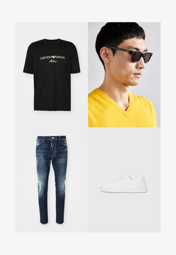 Camiseta de algodón negra con cuello redondo, mangas cortas y el logo de "EMPORIO ARMANI" en blanco sobre "Milano" en un diseño curvado.; Jeans de mezclilla azul oscuro con un corte ajustado, que presentan áreas desgastadas en los muslos y las rodillas, cinco bolsillos y un cierre de botón de metal.; Zapatilla blanca con parte superior de cuero suave, puntera redondeada, cordones, acentos laterales texturizados y suela de goma gruesa. Diseño minimalista.; Gafas de sol con montura negra y lentes oscuros. Los detalles destacados incluyen pequeños acentos dorados en las bisagras y una forma rectangular.
