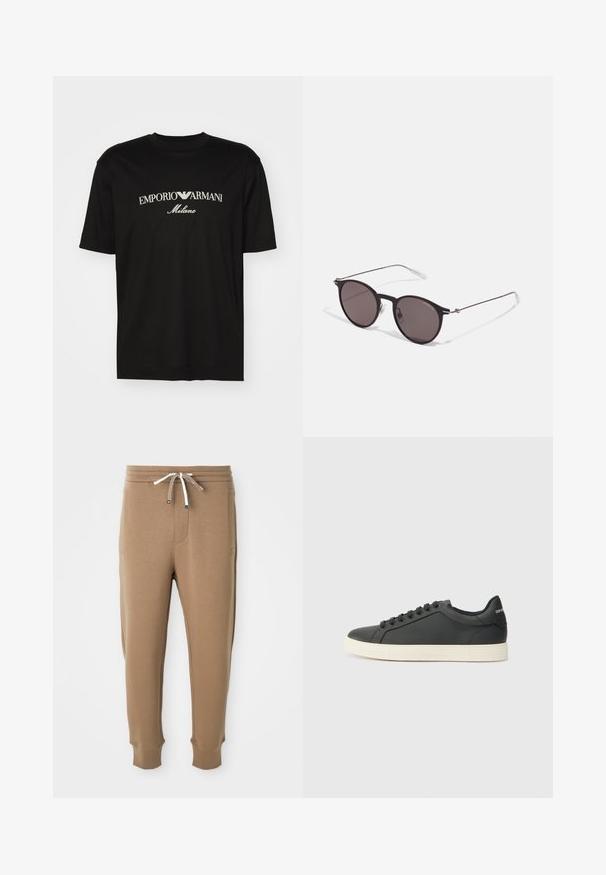 Must must T-särk, millel on ümmargune kaelus, lühikesed варст и väljend "EMPORIO ARMANI" valgete tähtedega, mille all on kõveras kujunduses sõna "Milano".; Kerged pruunid spordipüksid elastse vöökohtadega, valged ja pruunid nöörid, küljetaskud ning pahkluude juures kinnitatud osad valgel taustal.; Mustmustest musta poolprofiiliga, ümmargune varvas ja paeltega sulgemine; omab tekstureeritud kummist tallat ja logo detaili kontsa peal.; Mustad mustad prillid tumedate läätsedega ja õhukeste metallist käepidemetega. Kaarja kujuga seljaosa ja hõbedased aktsendid hingel. Minimalistlik disain.