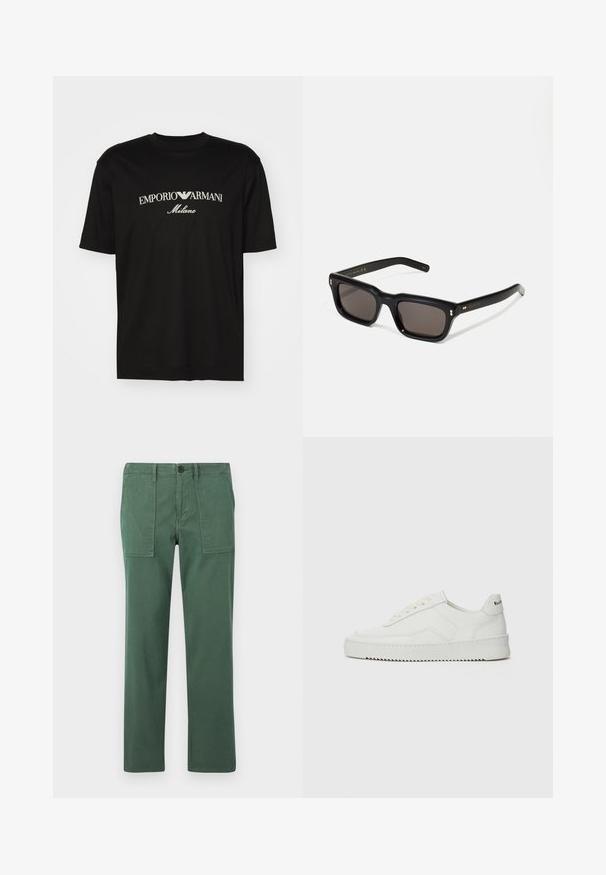 T-shirt in cotone nero con scollatura rotonda, maniche corte e logo "EMPORIO ARMANI" in bianco sopra "Milano" in una disposizione curva.; Pantaloni in cotone verdi con una vestibilità dritta, dotati di due tasche frontali e chiusura con bottone. Tessuto liscio e stile casual.; Sneaker in pelle bianca con una finitura liscia, punta rotonda, lacci piatti e suola testurizzata. Presenta un logo discreto sul tallone.; Occhiali da sole neri rettangolari con lenti scure, montatura spessa in plastica, dettagli dorati sulle tempie e logo del marchio inciso sull'asta.