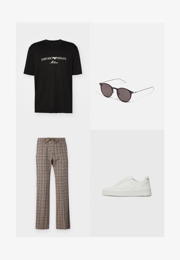 T-shirt en coton noir avec un col rond, des manches courtes et le logo "EMPORIO ARMANI" en blanc au-dessus de "Milano" dans un design incurvé.; Pantalons larges à motif avec une taille à cordon. Présente un design en quadrillage rose, noir, blanc et vert, avec des accents floraux.; Baskets en cuir blanc avec une finition lisse, bout arrondi, lacets plats et semelle texturée. Présente un logo discret sur le talon.; Lunettes de soleil noires rondes avec verres sombres et branches en métal fines. Comprend des embouts transparents et des accents argentés au niveau de la charnière. Design minimaliste.