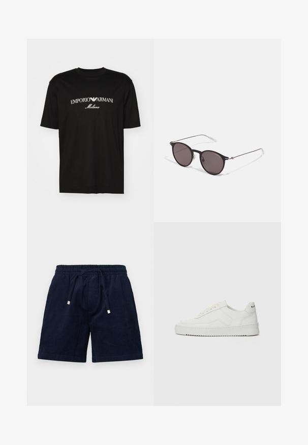 Svart bomulls T-skjorte med rund hals, korte ermer og "EMPORIO ARMANI" logo i hvitt over "Milano" i en buet design.; Navy cordfløyelsshorts med elastisk midjebånd, justerbar snor og gyldne metallhæler. Har en myk tekstur og rett snitt.; Hvite lærersneakers med en jevn overflate, rund tå, flate lisser og en teksturert såle. Har en subtil logo på hælen.; Sorte, runde solbriller med mørke linser og slanke metalarmer. Inkluderer klare temple tips og sølvfargede detaljer ved hengslet. Minimalistisk design.