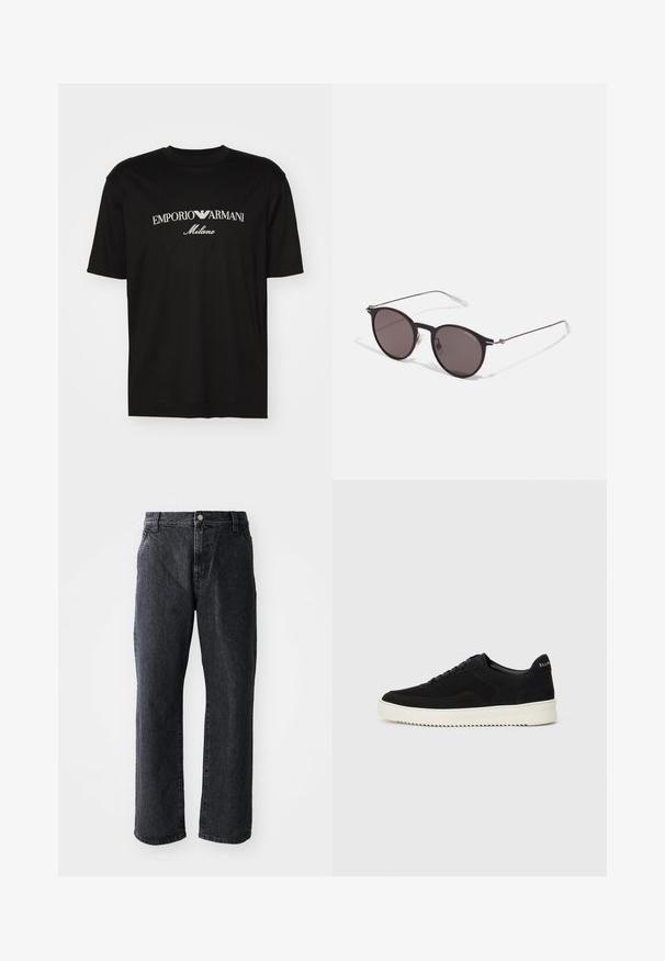 Camiseta de algodón negra con cuello redondo, mangas cortas y el logo de "EMPORIO ARMANI" en blanco sobre "Milano" en un diseño curvado.; Jeans de mezclilla negra de corte recto, con cierre de botón, cinco bolsillos y una textura sutil. Diseño clásico sin patrones prominentes.; Zapatilla de ante negra con diseño de cordones y suela de goma blanca contrastante. Presenta paneles laterales texturizados y un sutil logo en el talón.; Gafas de sol redondas negras con lentes oscuros y brazos metálicos delgados. Incluye puntas de varilla transparentes y acentos plateados en la bisagra. Diseño minimalista.