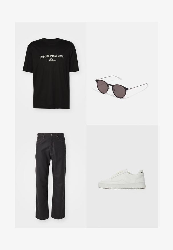 Sort bomulds T-shirt med rund halsudskæring, korte ærmer og "EMPORIO ARMANI" logo i hvid over "Milano" i et buet design.; Sorte denim jeans med lige ben, der har kontrastfarvet orange syninger, fem-lomme design og en klassisk knaplukning.; Hvide lædersneakers med en glat overflade, rund tå, flade snørebånd og en tekstureret sål. Har et diskret logo på hælen.; Sorte runde solbriller med mørke linser og slanke metalarme. Inkluderer klare tempeltips og sølvdetaljer ved hængslet. Minimalistisk design.