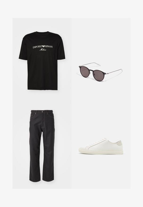 T-shirt en coton noir avec un col rond, des manches courtes et le logo "EMPORIO ARMANI" en blanc au-dessus de "Milano" dans un design incurvé.; Jeans en denim noir avec une coupe droite, dotés de coutures orange contrastantes, d'un design à cinq poches et d'une fermeture à bouton classique.; Baskets en cuir blanc avec une surface lisse, bout rond et design minimaliste. Présentent des accents beiges sur le talon et une semelle en caoutchouc.; Lunettes de soleil noires rondes avec verres sombres et branches en métal fines. Comprend des embouts transparents et des accents argentés au niveau de la charnière. Design minimaliste.