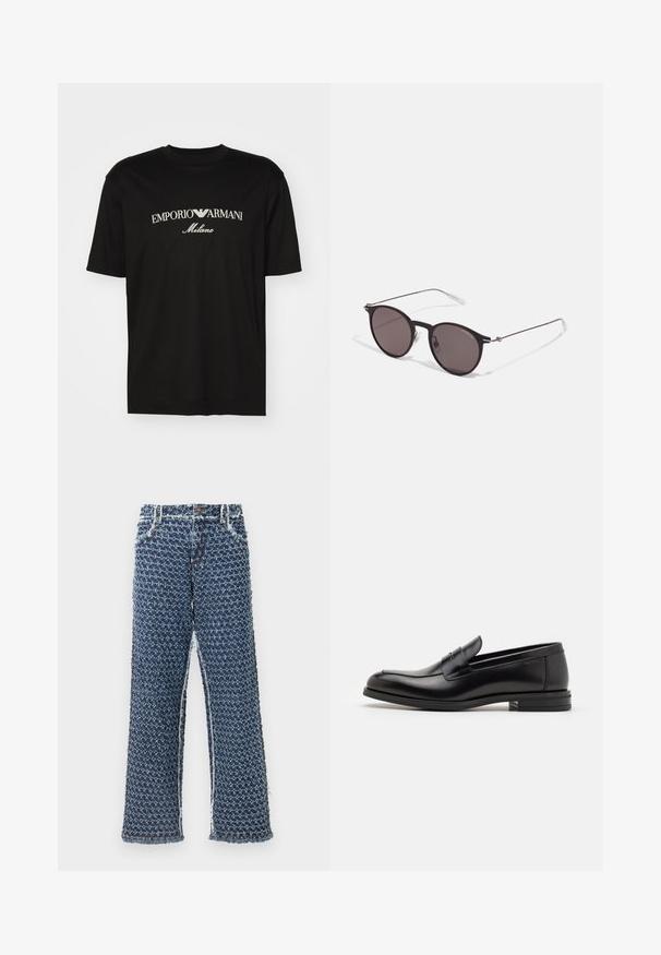 Must must T-särk, millel on ümmargune kaelus, lühikesed варст и väljend "EMPORIO ARMANI" valgete tähtedega, mille all on kõveras kujunduses sõna "Milano".; Denim laiad jalgadega püksid on valmistatud tekstuursest sinisest materjalist, millel on mustriline disain. Servad on lõhikud, pükstel on viis taskut ja metallist riistvara.; Mustad mustad nahast loafers sileda tekstuuriga, ümarat ninaosa ja dekoratiivne riba vampi üle. Madal kihiline konts, minimalistlik disain.; Mustad mustad prillid tumedate läätsedega ja õhukeste metallist käepidemetega. Kaarja kujuga seljaosa ja hõbedased aktsendid hingel. Minimalistlik disain.