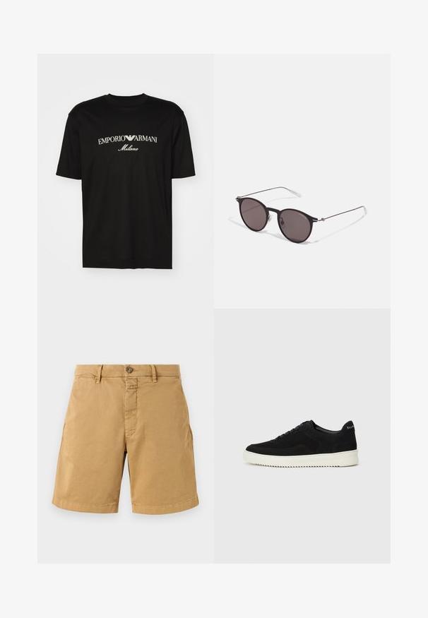 Svart bomulls T-skjorte med rund hals, korte ermer og "EMPORIO ARMANI" logo i hvitt over "Milano" i en buet design.; Beige bomullsshorts med knappeåpning, beltehemper og innsydd søm. Har to forkantlommer og en klassisk, rett ben-design.; Svart semsket sneakers med snøring og kontrasterende hvit gummisåle. Har teksturerte sidepaneler og subtil merkevare på hælen.; Sorte, runde solbriller med mørke linser og slanke metalarmer. Inkluderer klare temple tips og sølvfargede detaljer ved hengslet. Minimalistisk design.