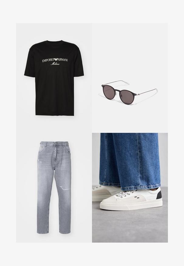 Black cotton T-shirt featuring a round neckline, short sleeves, and "EMPORIO ARMANI" logo in white above "Milano" in a curved design.; Dondup GEORGE - Slim fit jeans - honey; White and black sneakers with a smooth leather upper, textured accents, and a chunky white sole. Features a classic lace-up design.; Black round sunglasses with dark lenses and slim metal arms. Includes clear temple tips and silver accents at the hinge. Minimalist design.