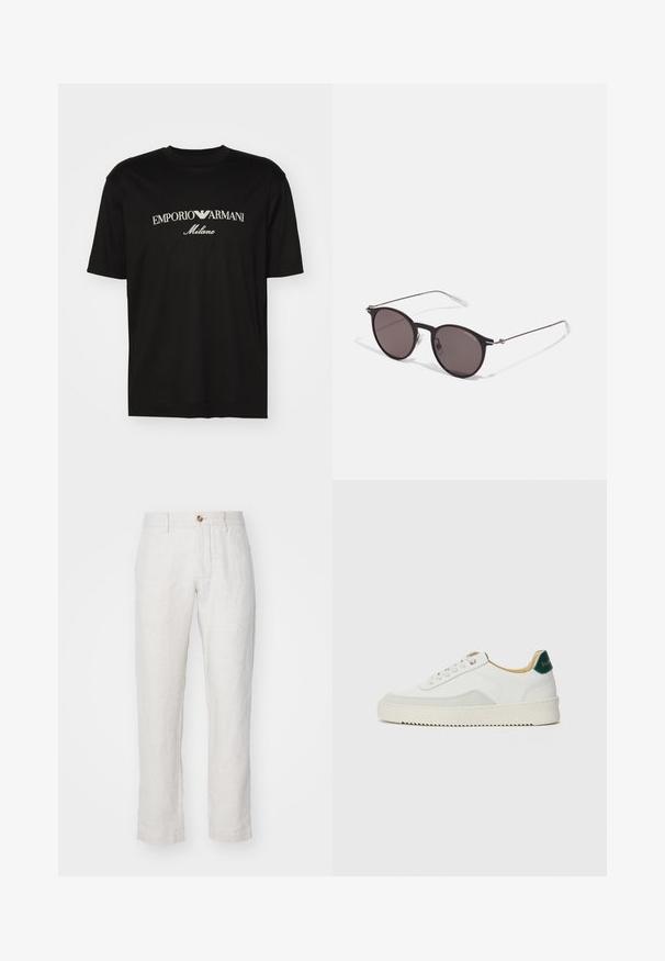 T-shirt de algodão preta com gola redonda, mangas curtas e o logo "EMPORIO ARMANI" em branco acima de "Milano" num design curvo.; NN.07 THEO - Calças - beige; Tênis brancos com detalhes em camurça, bico arredondado, atacadores planos e sola de borracha creme. Apresenta uma marcação verde no calcanhar.; Óculos de sol redondos pretos com lentes escuras e hastes metálicas finas. Inclui pontas de templo transparentes e detalhes em prata na dobradiça. Design minimalista.