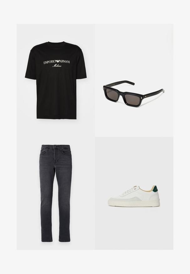 Black cotton T-shirt featuring a round neckline, short sleeves, and "EMPORIO ARMANI" logo in white above "Milano" in a curved design.; Dark denim jeans with a slim fit, featuring five pockets, a button closure, and subtle stitching details on the waistband and hems.; White sneaker with suede accents, rounded toe, flat laces, and a cream rubber sole. Features green branding on the heel.; Black rectangular sunglasses with dark lenses, thick plastic frame, gold accents on temples, and brand logo engraved on the arm.