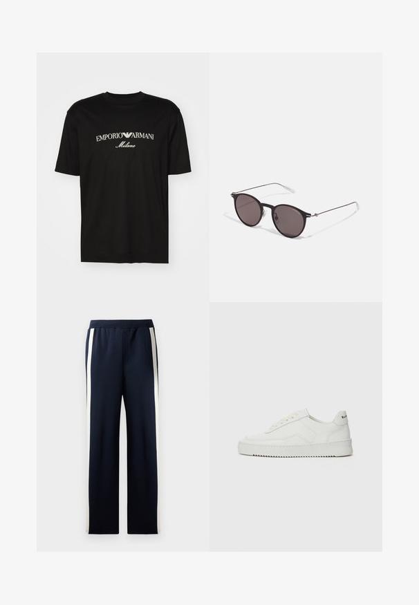 T-shirt de algodão preta com gola redonda, mangas curtas e o logo "EMPORIO ARMANI" em branco acima de "Milano" num design curvo.; Calças de moletão azul-marinho com um design de perna larga, apresentando riscas verticais em creme nas laterais. Feitas de um tecido suave e texturado com uma cintura elástica.; Sapatilha de couro branco com acabamento suave, bico redondo, atacadores planos e uma sola texturizada. Apresenta um logotipo discreto no calcanhar.; Óculos de sol redondos pretos com lentes escuras e hastes metálicas finas. Inclui pontas de templo transparentes e detalhes em prata na dobradiça. Design minimalista.