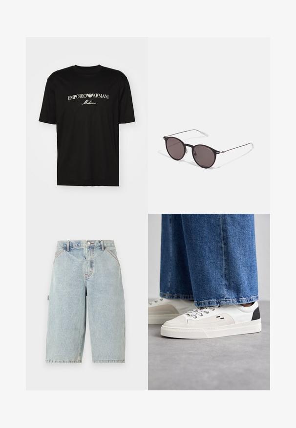 Camiseta de algodón negra con cuello redondo, mangas cortas y el logo de "EMPORIO ARMANI" en blanco sobre "Milano" en un diseño curvado.; Noon Goons RUNAWAY - Shorts vaqueros - washed blue; Zapatillas blancas y negras con una parte superior de cuero suave, acentos texturizados y una suela blanca gruesa. Presenta un diseño clásico de cordones.; Gafas de sol redondas negras con lentes oscuros y brazos metálicos delgados. Incluye puntas de varilla transparentes y acentos plateados en la bisagra. Diseño minimalista.