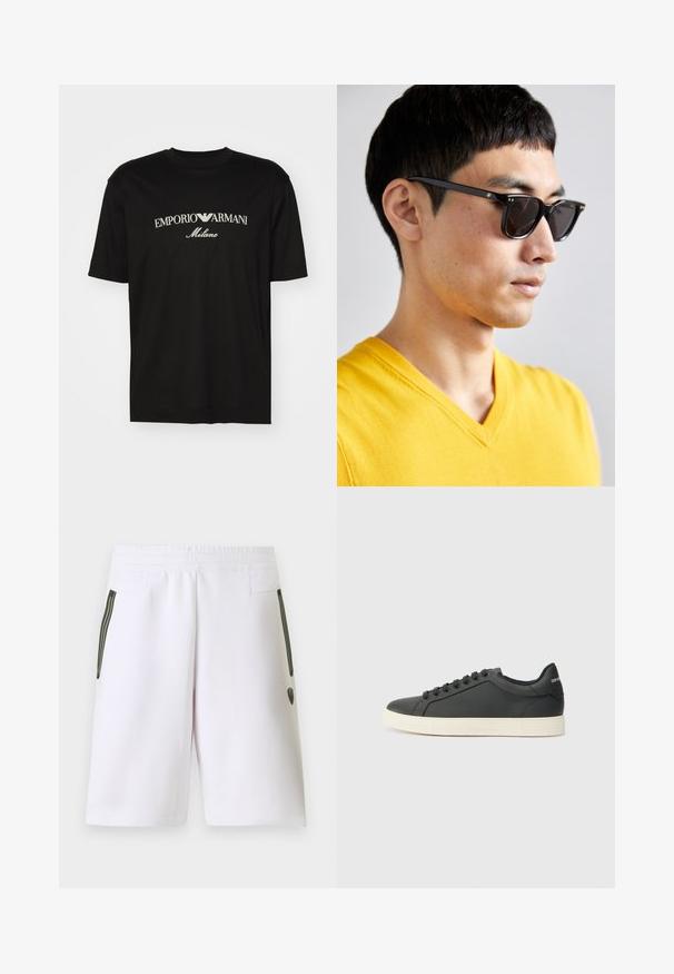Svart bomulls T-skjorte med rund hals, korte ermer og "EMPORIO ARMANI" logo i hvitt over "Milano" i en buet design.; Hvite shorts med en behagelig elastisk midje, med sidelommer akkompagnert av olivengrønne striper og en liten logodetalj.; Svart skinnsneaker med lav profil, rund tå og snøring; har en teksturert gummisåle og logo-detalj på hælen.; Solsikker med svarte rammer og mørke linser. Merkbare detaljer inkluderer små gullaksenter på hengslene og en rektangulær form.