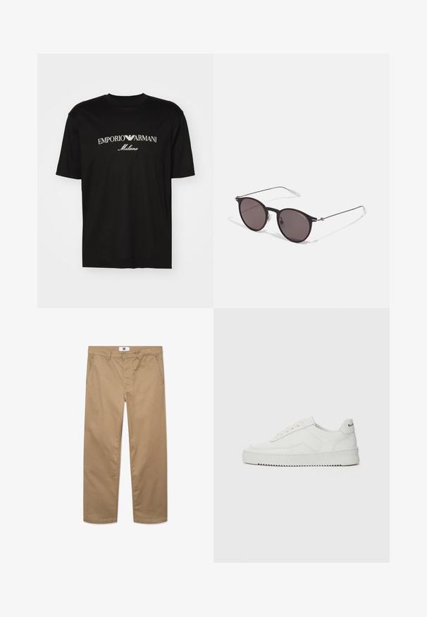 Juodas medvilninis marškinėliai su apvaliu iškirpu, trumpomis rankovėmis ir baltu "EMPORIO ARMANI" logotipu virš "Milano" kreivame dizaino.; Chaki medvilniniai kelnių su tiesiomis kojomis, su vieno mygtuko užtrauktuku, diržo kilpomis ir dviem šoninėmis kišenėmis. Lygus audinys.; Balti odiniai sportiniai bateliai su lygia apdaila, apvaliu pirštu, plokščiais raišteliais ir tekstūruotu padu. Pasižymi subtiliu logotipu ant kulno.; Juodos apvalios saulės akinių su tamsiais lęšiais ir plonomis metalinėmis šakomis. Įtraukti skaidrūs šventyklų galai ir sidabriniai akcentai vyrio srityje. Minimalistinis dizainas.