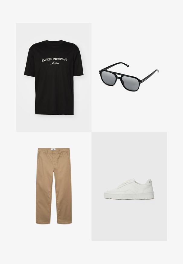 Černé bavlněné tričko s kulatým výstřihem, krátkými rukávy a logem "EMPORIO ARMANI" v bílém nad nápisem "Milano" v zakřiveném provedení.; Khaki bavlněné kalhoty s rovnými nohavicemi, vybavené jedním knoflíkem na zavírání, poutky na opasek a dvěma bočními kapsami. Hladká textura.; Bílé kožené tenisky s hladkým povrchem, kulatou špičkou, plochými tkaničkami a texturovanou podrážkou. Na patě se nachází nenápadné logo.; Černé sluneční brýle s obdélníkovými rámy, šedými tónovanými skly a designem s výřezem ve střední části. Hladký, lesklý plastový materiál, s úzkými stranami.