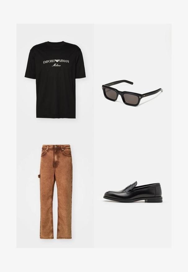 Black cotton T-shirt featuring a round neckline, short sleeves, and "EMPORIO ARMANI" logo in white above "Milano" in a curved design.; Brown, wide-leg pants made of soft fabric. Features a button closure, front pockets, and a side strap detail for added functionality.; Black leather loafers with a smooth texture, rounded toe, and a decorative strap across the vamp. Low stacked heel, minimalist design.; Black rectangular sunglasses with dark lenses, thick plastic frame, gold accents on temples, and brand logo engraved on the arm.