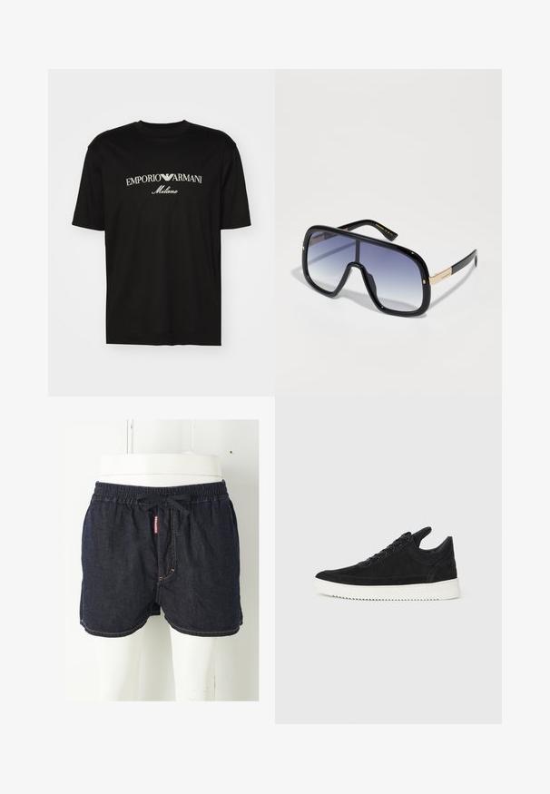 Fekete pamut póló, kerek nyakkal, rövid ujjakkal, rajta fehér "EMPORIO ARMANI" logó, a "Milano" felirattal ívelt formában.; Sötétkék farmer rövidnadrág gumis derékkal, húzózsinórral és kontrasztos sárga varrással. Elöl márkás címke található.; Fekete nubuk sportcipő fehér gumitalppal, tónusos varrással és fűzős kialakítással. Simák a textúrája, modern, letisztult formával rendelkezik.; Túlságosan nagy fekete napszemüveg, átmeneti lila lencsével, fényes felülettel és arany részletekkel a szárakon. Téglalap alakú keret.