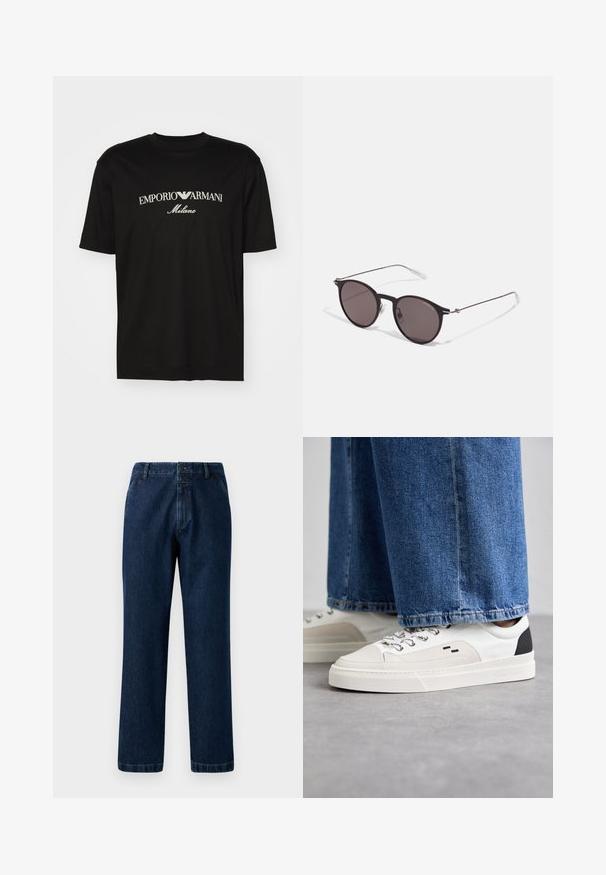 Zwarte katoenen T-shirt met een ronde halslijn, korte mouwen en het "EMPORIO ARMANI" logo in het wit boven "Milano" in een gebogen ontwerp.; Donkerblauwe denim jeans met een recht model, knoopsluiting en ceintuurlussen. De stof heeft een subtiele textuur en klassieke stikseldetails.; Witte en zwarte sneakers met een glad leren bovenwerk, textuuraccenten en een chunky witte zool. Heeft een klassiek vetersluiting ontwerp.; Zwarte ronde zonnebril met donkere lenzen en slanke metalen armen. Inclusief heldere tempelpunten en zilveren accenten bij de scharnier. Minimalistisch ontwerp.