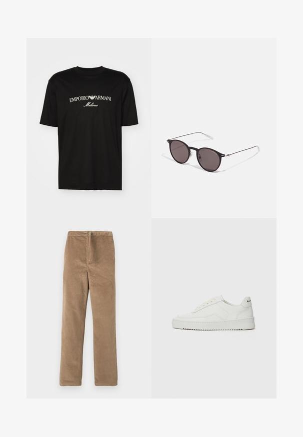 Schwarzes Baumwoll-T-Shirt mit Rundhalsausschnitt, kurzen Ärmeln und dem "EMPORIO ARMANI"-Logo in Weiß über dem geschwungenen Schriftzug "Milano".; Braune Cordhosen mit elastischem Bund und vorderem Zugband, gerade Beinform, auf weißem Hintergrund präsentiert.; Weiße Ledersneaker mit glatter Oberfläche, runder Zehenpartie, flachen Schnürsenkeln und strukturiertem Sohlenprofil. Mit einem dezenten Logo an der Ferse.; Schwarze runde Sonnenbrille mit dunklen Gläsern und schlanken Metallbügeln. Enthält klare Tempelspitzen und silberne Akzente am Scharnier. Minimalistisches Design.