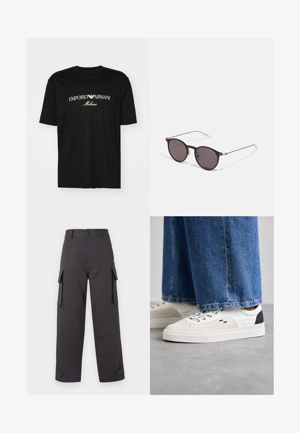 Must must T-särk, millel on ümmargune kaelus, lühikesed варст и väljend "EMPORIO ARMANI" valgete tähtedega, mille all on kõveras kujunduses sõna "Milano".; Tumed hallid cargo püksid, valminud siledast kangast, millel on kaks küljetaskut ja nööbiga sulged. Lõdvestatud istuvus ja mansettidega allääred.; Valged ja mustad spordijalatsid sileda nahkpealise, tekstuursete aktsentidega ja paksu valge tallaga. Omab klassikalist nööbistamise disaini.; Mustad mustad prillid tumedate läätsedega ja õhukeste metallist käepidemetega. Kaarja kujuga seljaosa ja hõbedased aktsendid hingel. Minimalistlik disain.